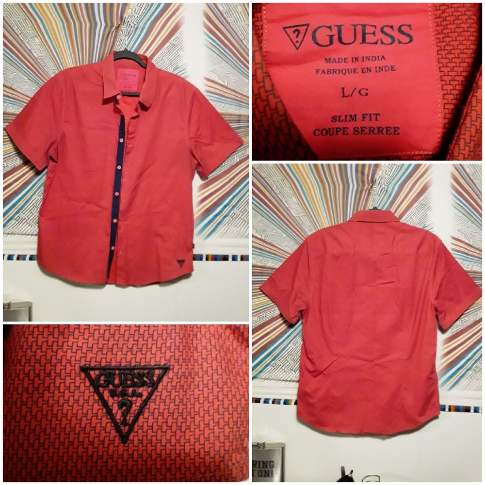 Guess Mens Large Redi-sh Orange c Shortsleeve ButtonUp Shirt